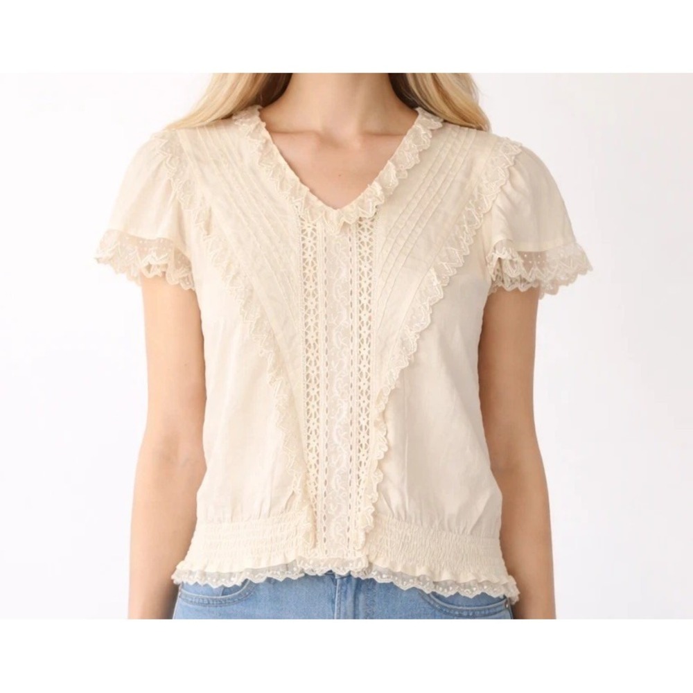 Anphon Cotton Linen Vintage Lace Blouse Romantic Boho Breathable SZ Medium